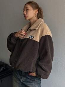 DAZY 女士拼色拼接宽松保暖夹克外套，冬季 - 棕色 - 查看 9