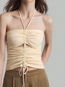 Ontre 女式黄色复古法式抽绳露背上衣，秋季 - 杏色 - 查看 6
