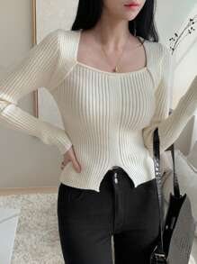 DAZY Women's Solid Color Simple Fitted Long Sleeve Sweater, Casual Daily Wear