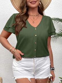SHEIN VCAY 大码分层荷叶边 V 领短袖衬衫