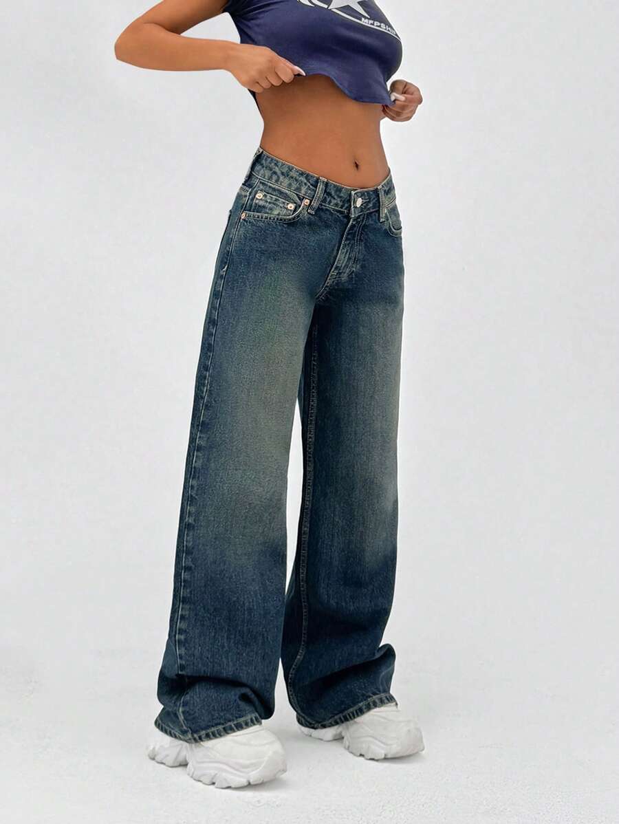 EURMUSE 100% Cotton SUPER LOW RISE WIDELEG CUT Y2K JEAN - Medium Wash - View 1