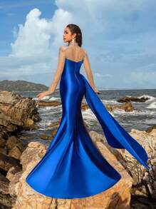 Vestido de satén formal con detalles de strass, cuello alto contrastado, malla y mangas largas, elegante vestido de fiesta, graduación, cena o boda - azul real - Ver 3