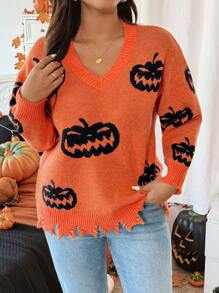 Calvaya Plus Size V-Neck Long Sleeve Pumpkin Print Loose Pullover Sweater Knit Pullover Fall Winter Outfit Autumn