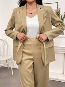 Modelyn Women's Solid Color Button Front Long Sleeve Fake Pocket Lapel Blazer Fall Cloth For Women - Khaki - View 8