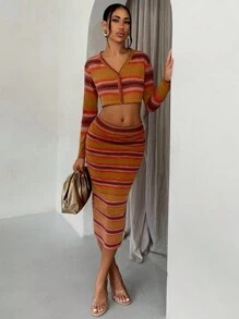 Glamine Bộ 2 áo len cardigan sọc nhiều màu ngắn và chân váy dài ngang gối cho nữ - Nhiều màu - Xem 1