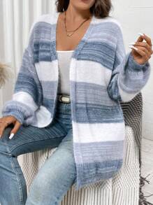 SHEIN Clasi Plus Size Winter Warm Fluffy Blue And White Loose Knit Cardigan, Suitable For Home, Going Out, Vacation, And Workwear Fall - Multicolor - View 4