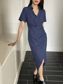 DAZY Vestido de mujer de cuello solido con escote en V y pliegues, vestido camisero casual diario - Azul Marino - Ver 6
