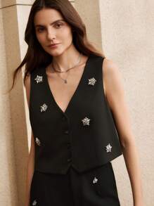 Anewsta Black V-Neck Single Breasted Rhinestone Embellished Sleeveless Top Graphic Tees Women Tops - Black - View 5
