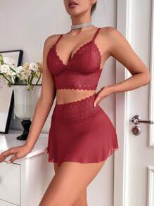 Seduluxe 2pcs/Set Lace Patchwork Sheer Wireless Sexy Lingerie Top & Skirt Set For Women Going Out