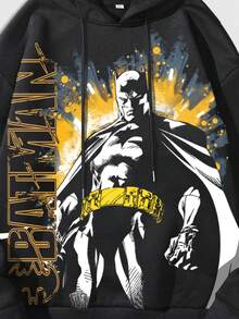 ROMWE MEN Batman X ROMWE 男士休闲动漫英雄人物与字母印花落肩抽绳连帽衫和短裤运动服套装 - 黑色 - 查看 4