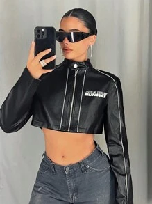 SHEIN ICON Áo khoác bomber đua xe thời trang Y2k Streetwear bằng da PU dài tay in chữ có khóa kéo cắt cúp thời trang xuân thu cho nữ - màu đen - Xem 6
