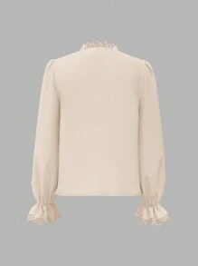 Vintamour Vintage Elegant Women's Shirt With Lace Patchwork, V-Neck, Long Flare Sleeves, Ruffle Hem And Exquisite Pearl Button, Perfect For Work Back To School Clothes Fall Clothes Women Blouses Fall Tops Fall Outfits Teacher Clothes Winter Women Vintage Clothes White Long Sleeve Shirt Button Down Shirt Long Sleeve Top Renaissance Old Money Work Clothes Christmas Clothes Winter Tops Work Women Blouses Homecoming Birthday Women Outfits Cottage Core Fall Clothes Long Sleeve Blouse