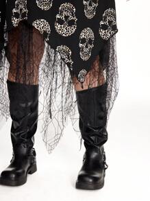 ROMWE Grunge Punk Plus Size Women's Asymmetrical Hem Punk Skeleton Print Mesh Skirt, Halloween - Black - View 4
