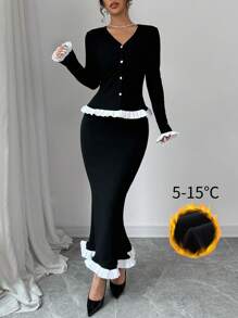 Chiquease 2pcs/Set Women's Long White Lace Patchwork Knitted Outfit - Black and White - View 1