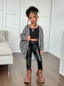 SHEIN Young Girl Knit Geometric Pattern Loose Casual Cardigan - Black and White - View 8