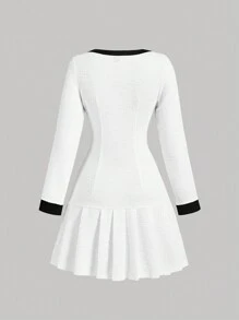 SHEIN MOD Vestido de manga larga ajustado con pliegues, de contraste blanco y negro, tejido texturizado