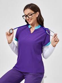 TaskEZ Parte superior de uniforme de manga corta tipo murciélago de cuello en V de color contrastante, parte superior de uniforme clásica moderna suave con ribete de contraste