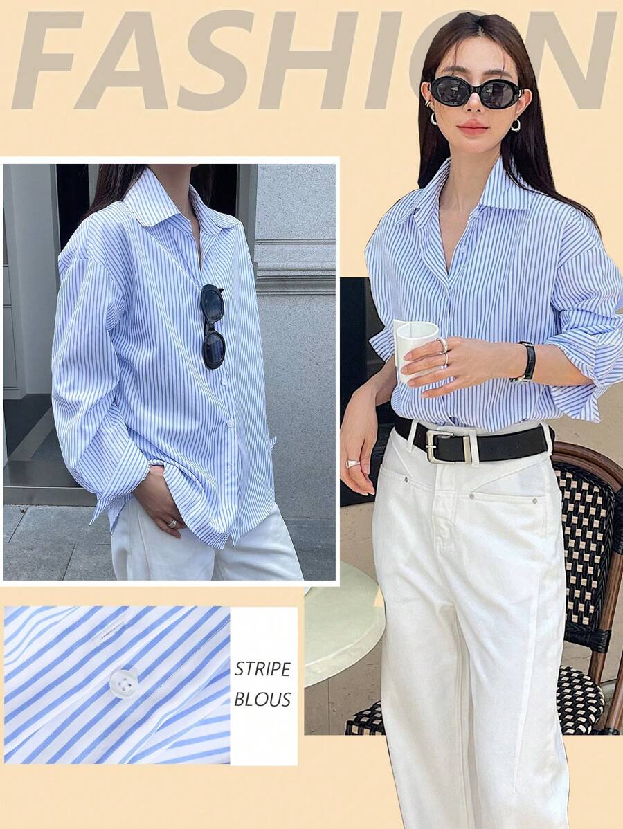 DAZY Damen gestreiftes, oversized, lässiges Langarmhemd, Business-Lässig für den Herbst, Langarmoberteil, Herbstmode für Frauen