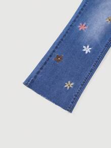 Girls Casual Embroidered Floral Washed Denim Jeans, Suitable For Autumn & Winter - Medium Wash - View 3