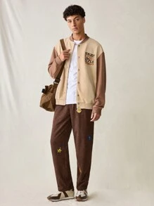 Manfinity VCAY Men's Fashionable Casual Patchwork Zip Up Long Sleeve Jacket, For Fall Winter - Khaki - View 6