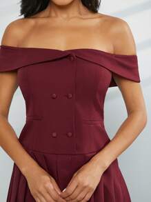 Hauture Off Shoulder Double Buttons Pleated Dress - Burgundy - View 9
