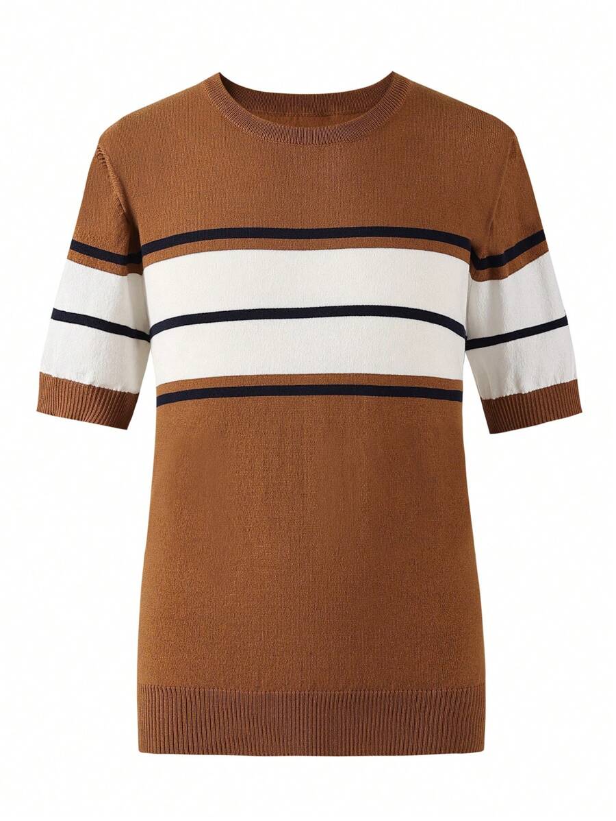 Manfinity Homme Men's Casual Contrast Color Patchwork Short Sleeve Knit Sweater, Spring & Autumn - Rust Brown - View 1