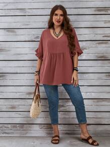 EMERY ROSE Plus Size Women's Vacation Casual Plain Mom Shirts With Ruffled Sleeves For Summer