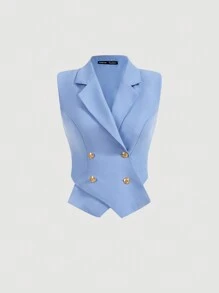 SHEIN MOD 秋冬女士纯色简约无袖西装外套 - 藍色 - 查看 1