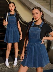 SHEIN Explorewe Bộ 2 áo thun tay ngắn đính đá Rhinestone thoải mái cho bé gái tuổi teen và váy xếp ly dây đeo có thể điều chỉnh - Nhiều màu - Xem 1