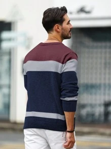 Manfinity Homme Men's Navy Blue Crew Neck Long Sleeve Patchwork Cable Knit Sweater,Autumn Smart Casual Pullover,Formal Wear Color Block Fall Sweater,Casual Daily Wear - Multicolor - View 2