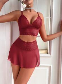 Seduluxe 2pcs/Set Lace Patchwork Sheer Wireless Sexy Lingerie Top & Skirt Set For Women Going Out