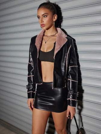 Women's Pu Leather Turndown Collar Warm Thermal Lined Contrast Color Split Design Fitted Metallic Zipper Long Sleeve Jacket, Fall Winter