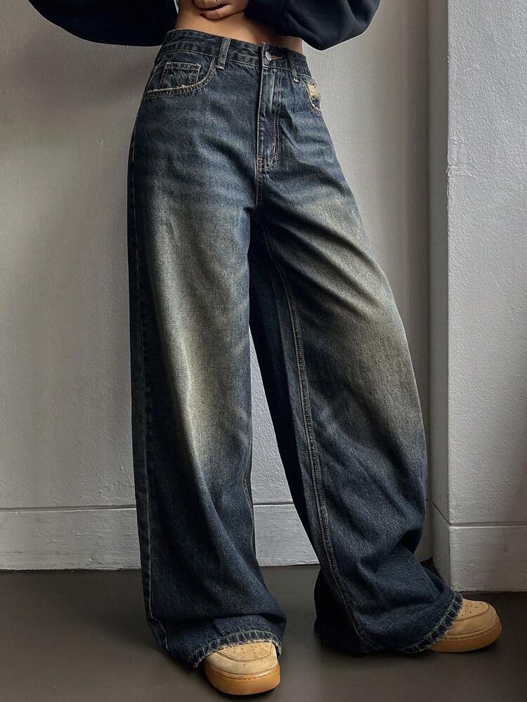 Women's Simple Button-Front Multi-Pocket Casual Baggy Jeans