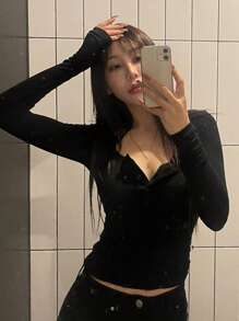 DAZY 女式纯色前扣长袖简约 T 恤，休闲黑色衣服 - 黑色 - 查看 10