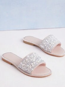 Mini mi Kinder Schlüpf-Sandalen mit Perlen Verzierungen und Strass Details - Süß, Stylisch & Luxuriöse Bequemlichkeit für kleine Prinzessinnen