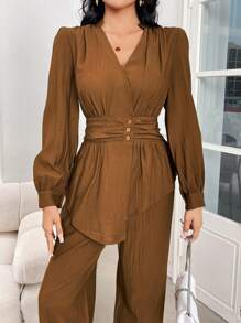 Modelyn 2pcs Women's Solid Color Button Front Blouse & Pants Casual Set 2 Pieces Set