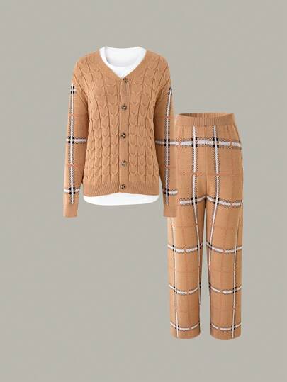 Conjunto de cárdigan de cuello en V con bloques de color para niños adolescentes, estilo versátil adecuado para escuela, casual, hogar, viaje, fiesta, nueva temporada primavera-verano-otoño