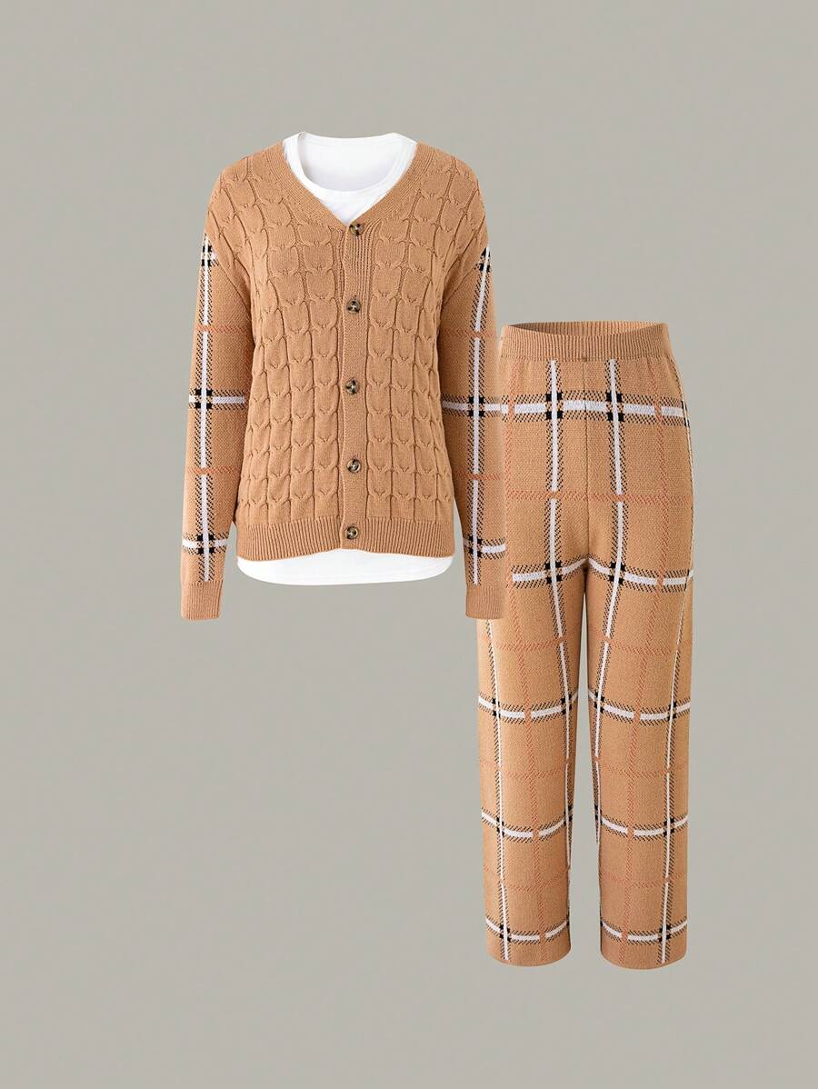 Teenage Boys' Colorblock V-Neck Cardigan Outfit Spring Summer Autumn New Versatile Style Suitable For School, Casual, Home, Travel, Party - Brown - View 1