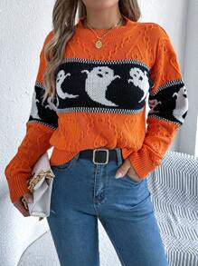 Autumn/Winter Ghost Patchwork Knit Long Sleeve Sweater - Orange - View 1