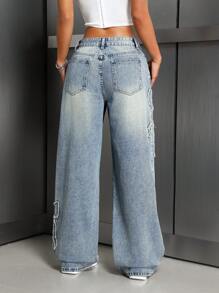 SHEIN ICON Jeans de pierna recta con lavado, mosca con botones frontales, bolsillos múltiples, bordado de moño - Azul lavado medio - Ver 5