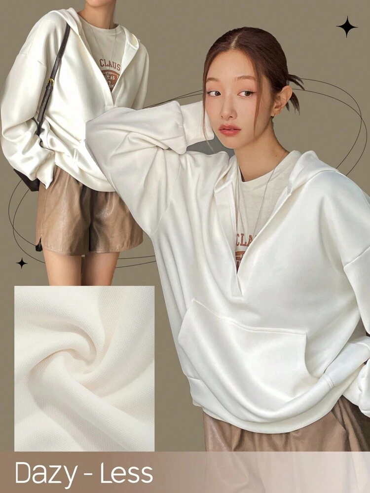 Women's Solid Color Long Sleeve Pocket Simple V-Neck Hooded Sweatshirt, Casual Daily Wear,Fall Clothes