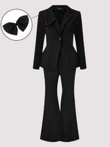 SHEIN Clasi Plus Size Nữ Mùa Xuân, Mùa Thu Chắc Chắn Áo Blazer Tay Dài Và Vòng Bít Loe Bộ Đồ Công Sở Thanh Lịch - màu đen - Xem 7