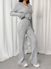 SHEIN EZwear 卡其色罗纹针织开衫 & 针织裤