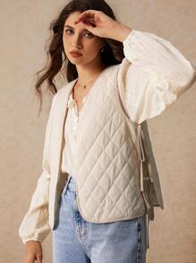Poéselle 女式米色绗缝无袖侧系蝴蝶结背心夹克，印花绗缝撞色背心夹棉外套，无袖，水钻绗缝，绗缝夹克，简约时尚，秋季夹克，冬季女式夹克，休闲装 FW24 波西米亚风 - 杏色 - 查看 5