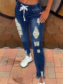 Women's Drawstring Ripped Skinny Stylish Denim Jeggings - Dark Wash - View 1