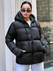 SHEIN Tall Women's Slant Pocket Drawstring Hooded Padded Coat - Black - View 3