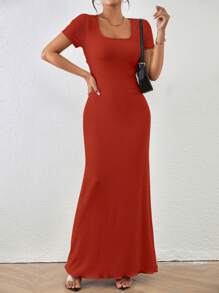 SHEIN Clasi Vestido elegante de unicolor, de manga larga, ajustado y con cuello cuadrado para mujer
