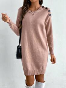 SHEIN LUNE Women's Casual Solid Color Knit Sweater Dress For Spring And Autumn - Baby Pink - View 4