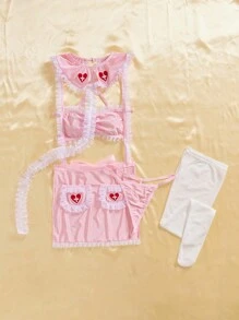 SHEIN 荷叶边领、甜美护士内衣套装，包括女士胸罩、围裙和丁字裤 - 粉色 - 查看 6