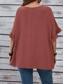 EMERY ROSE Plus Size Women's Vacation Casual Plain Mom Shirts With Ruffled Sleeves For Summer